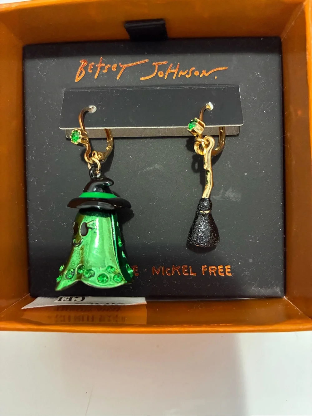 Betsey Johnson Green Witch & Broom Asymmetrical Drop Earrings